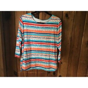 Appleseeds Top Woman Size PXL Blue Orange Stripes 3/4 Sleeves Stretch Beachy